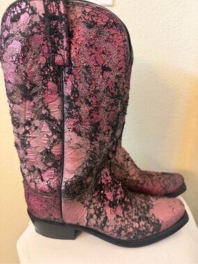 Lucchese Pink and Black Distressed Western Boots